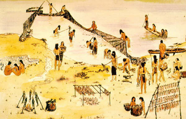 Lenapi indians catching and preparing shad